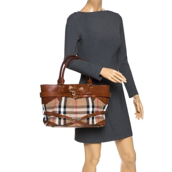 Pre-owned Burberry House Check Bridle Calfskin Medium Lynher Tote Dark Tan - Picture 1 of 8